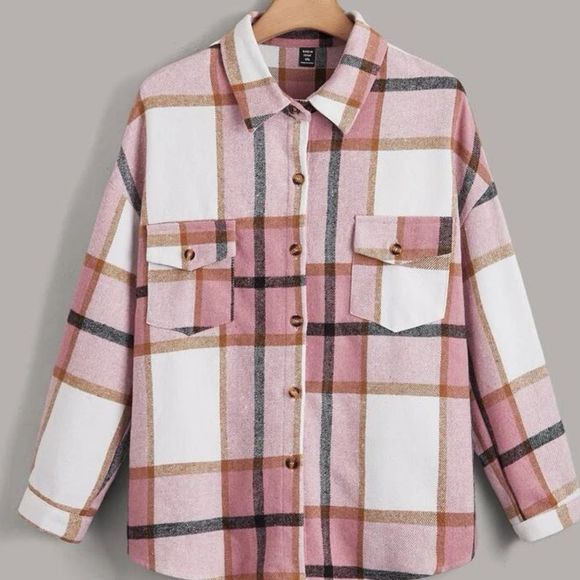NWT Plus Size Pink Plaid Print Pocket Front Drop Shoulder Shirt Size 3X